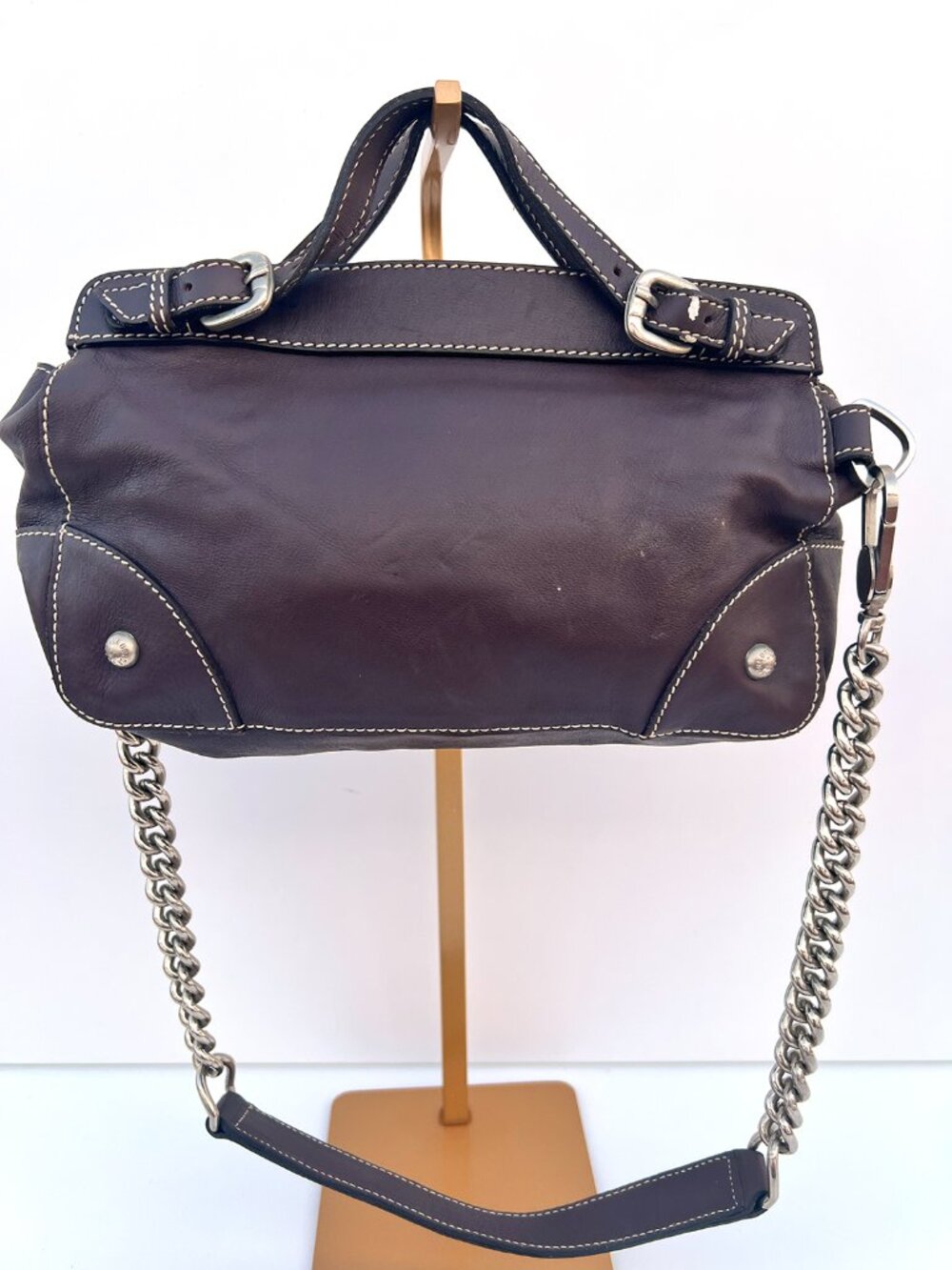 Authentic DOLCE & GABBANA Y2K Plaque Chain Shoulder Bag Chocolate Leather Milan - Picture 2 of 13